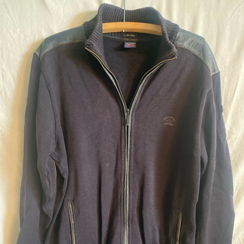 Paul & Shark Black Full-Zip 100% Wool Sweater with Leather Trim